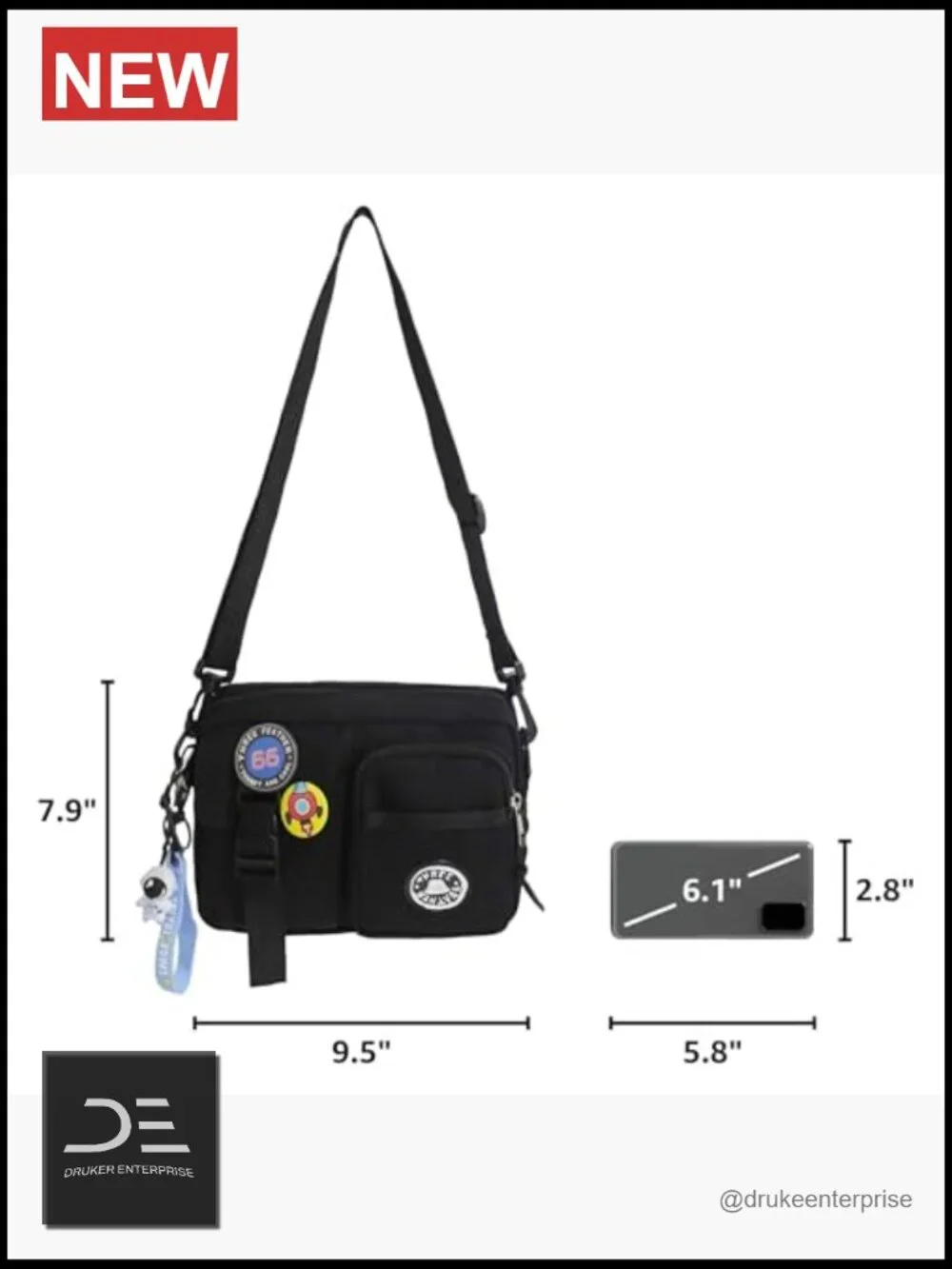 Multifunctional Nylon Messenger Sling Bag with Astronaut Keychain -